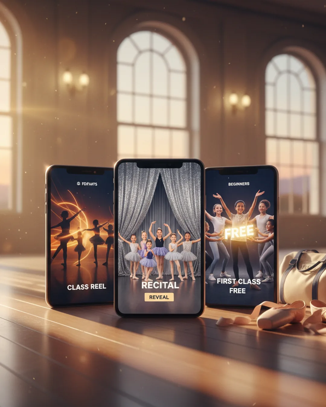 Three Coinis-generated dance studio ads on a studio floor