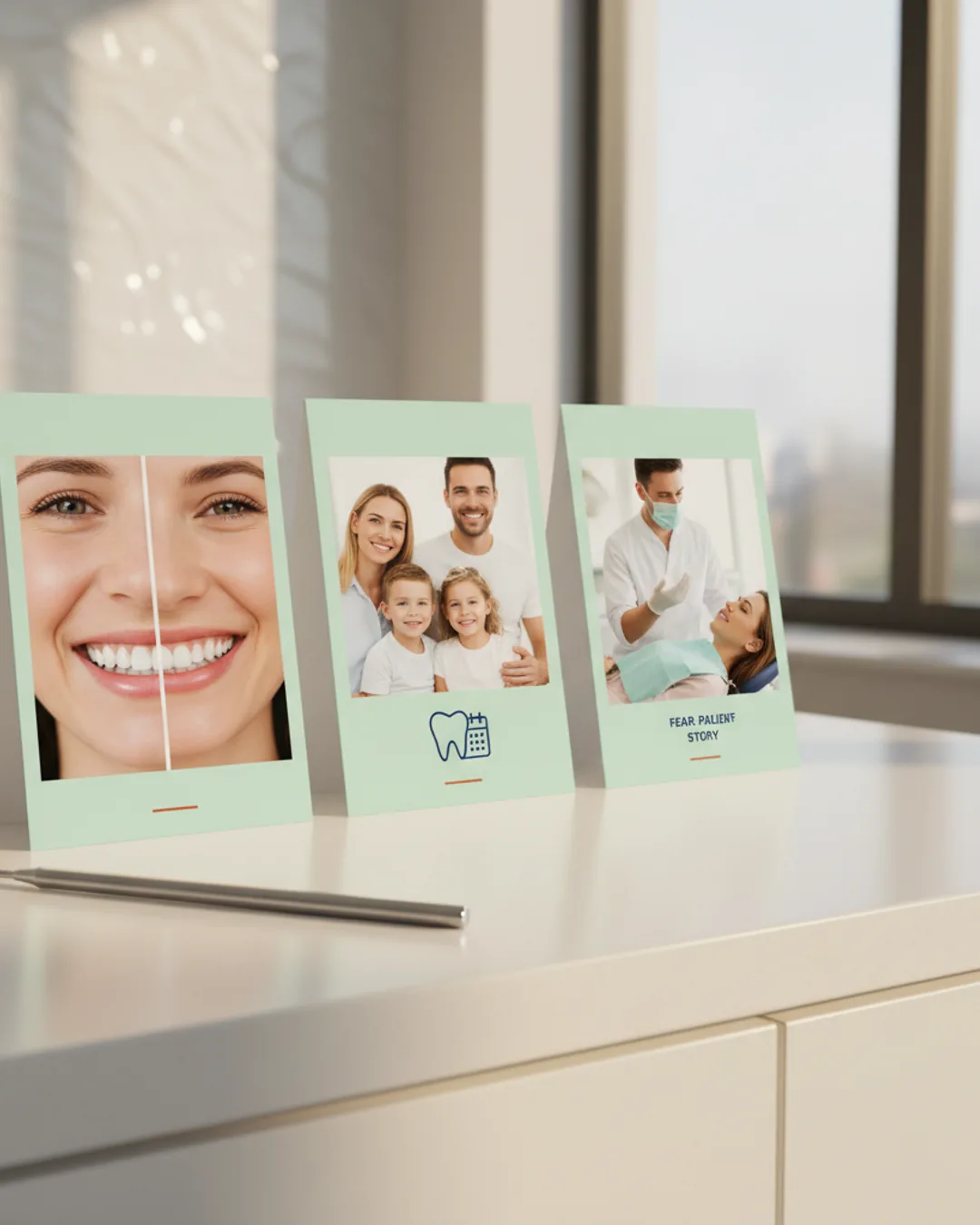 Three Coinis-generated dental ads on a clinic counter