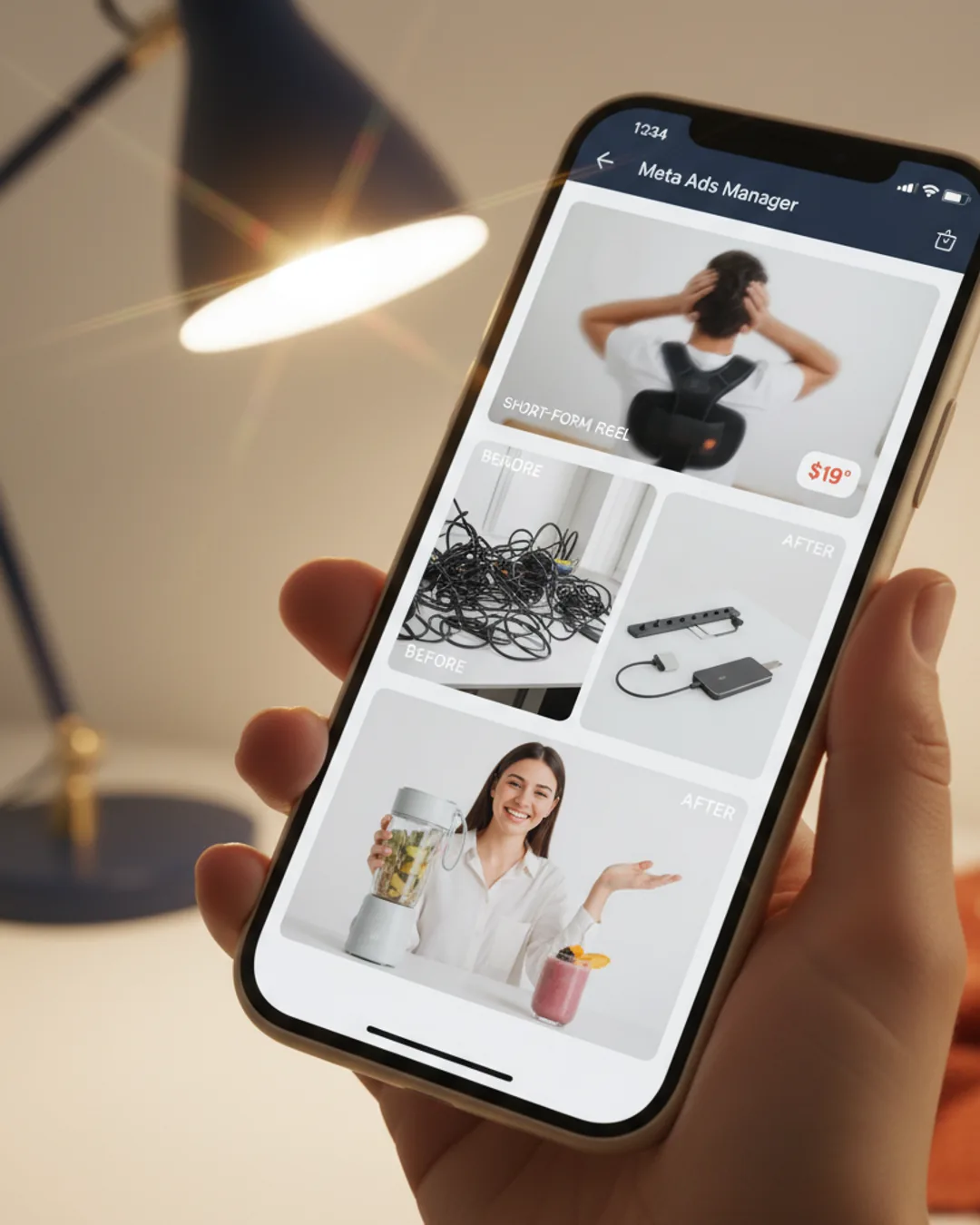 Three Coinis-generated dropshipping product ads with a Meta Ads Manager screen