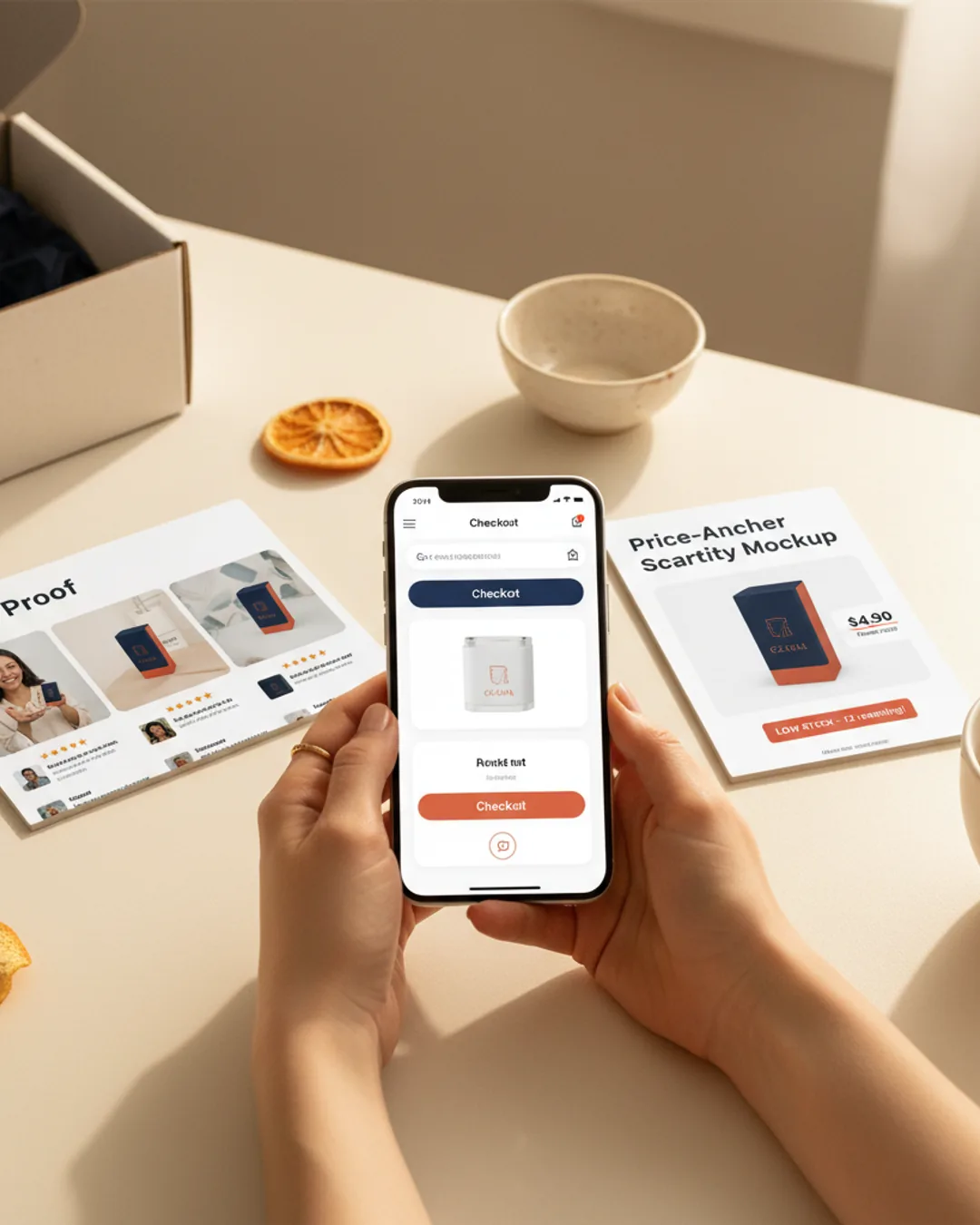 Three Coinis-generated ecommerce ads beside a checkout phone