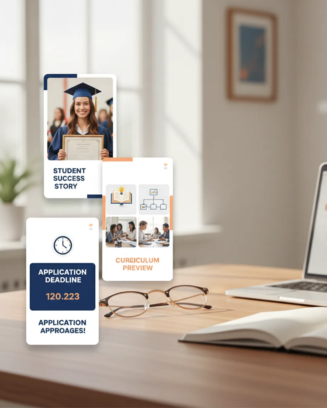 Three Coinis-generated education ads on a study desk