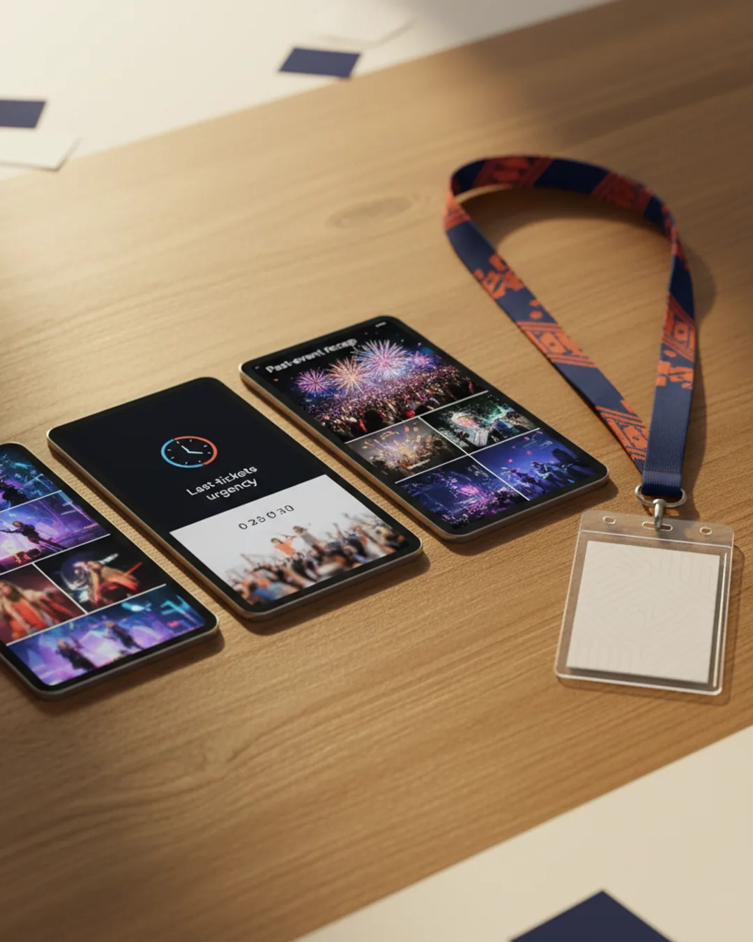 Three Coinis-generated event ticket ads with a lanyard