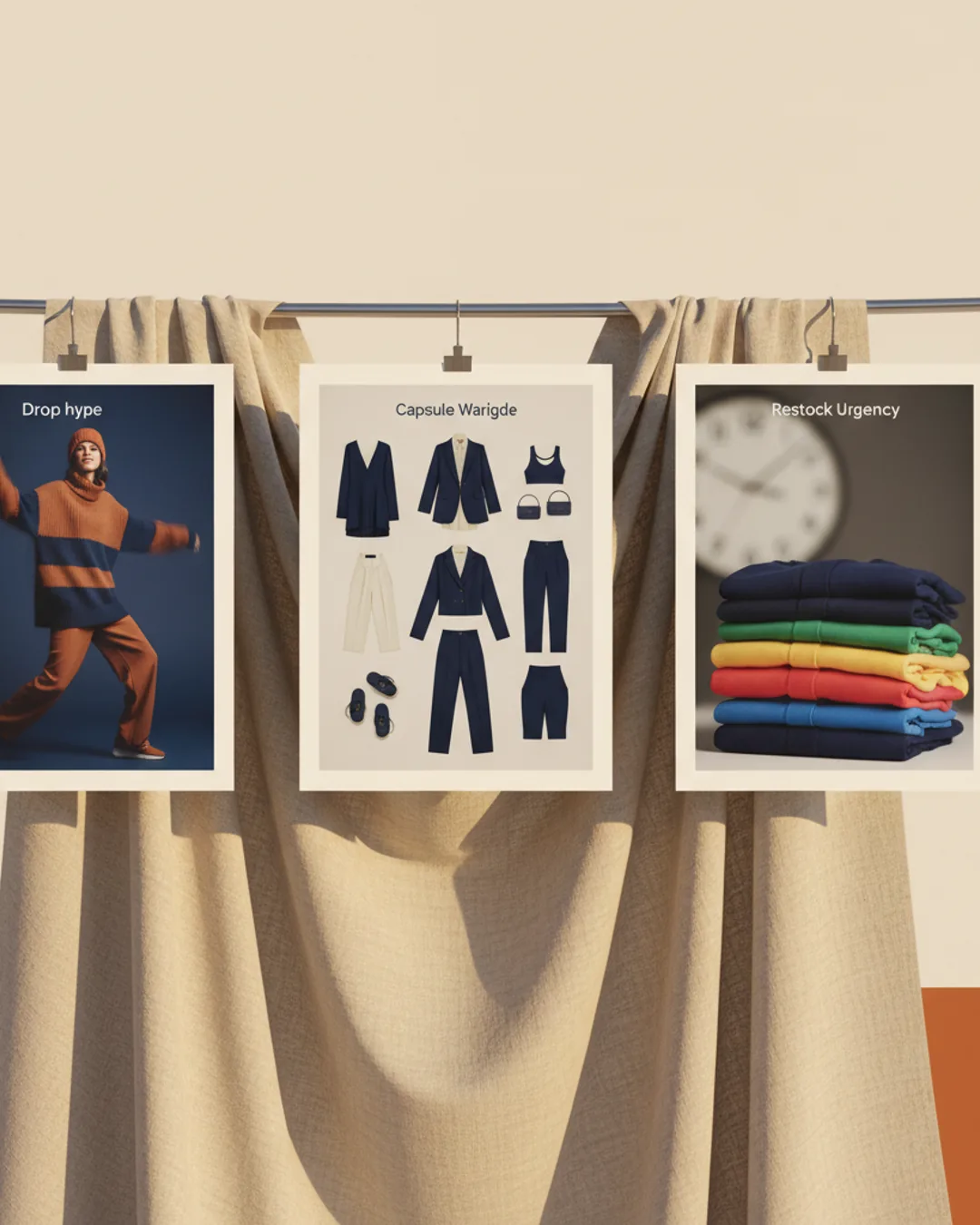 Three Coinis-generated fashion drop ad mockups on a clothing rail