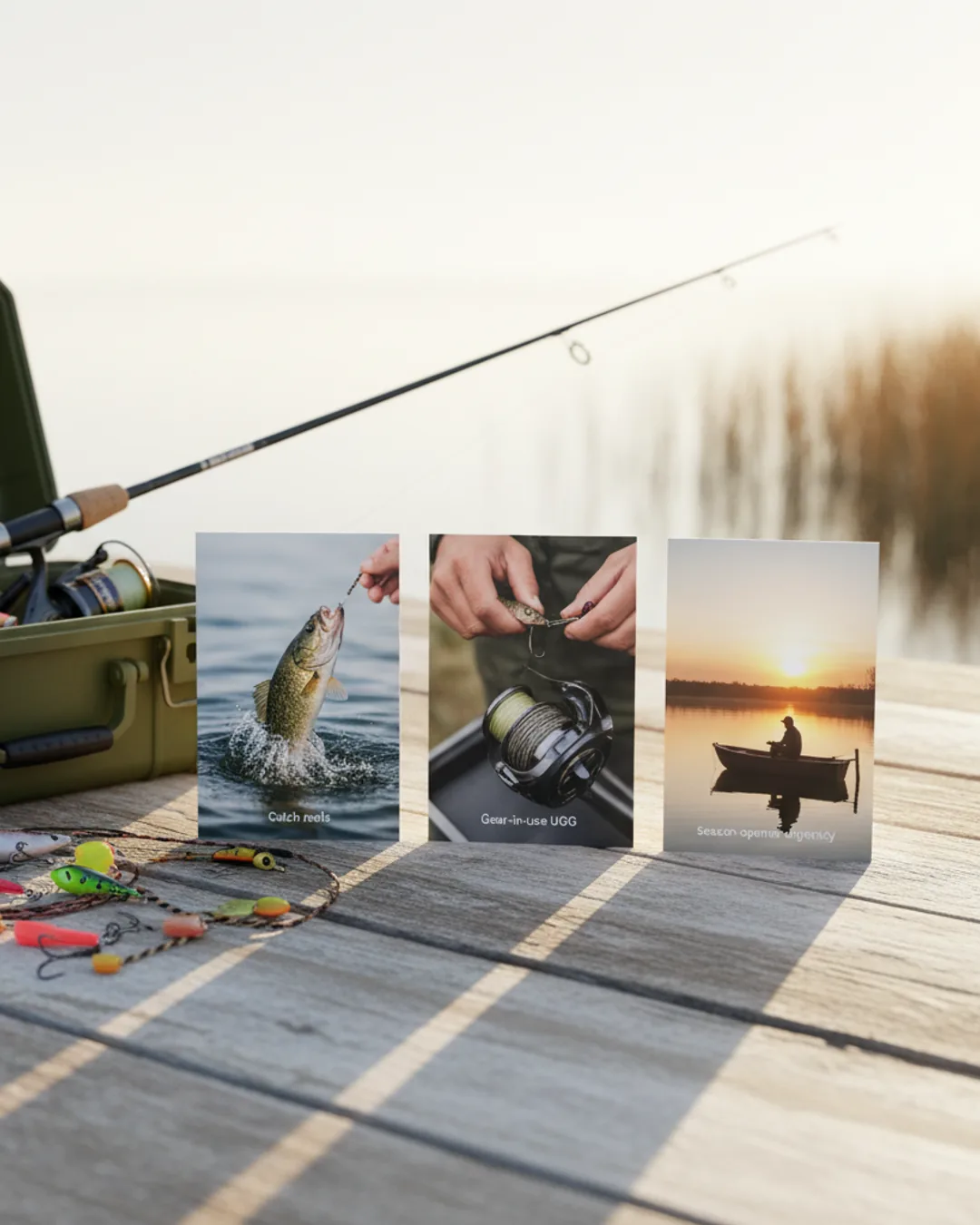Three Coinis-generated fishing tackle ads on weathered wood