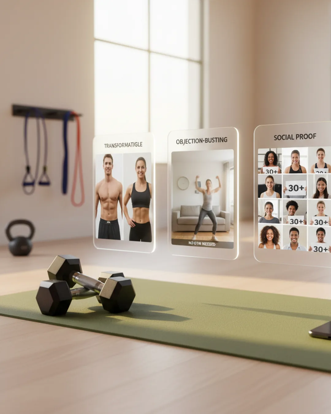 Three Coinis-generated fitness ad mockups above gym equipment
