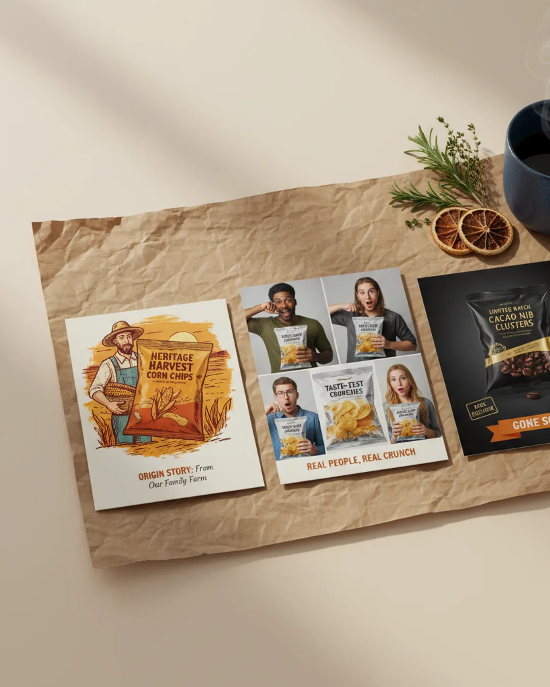 Three Coinis-generated food and beverage ads on butcher paper