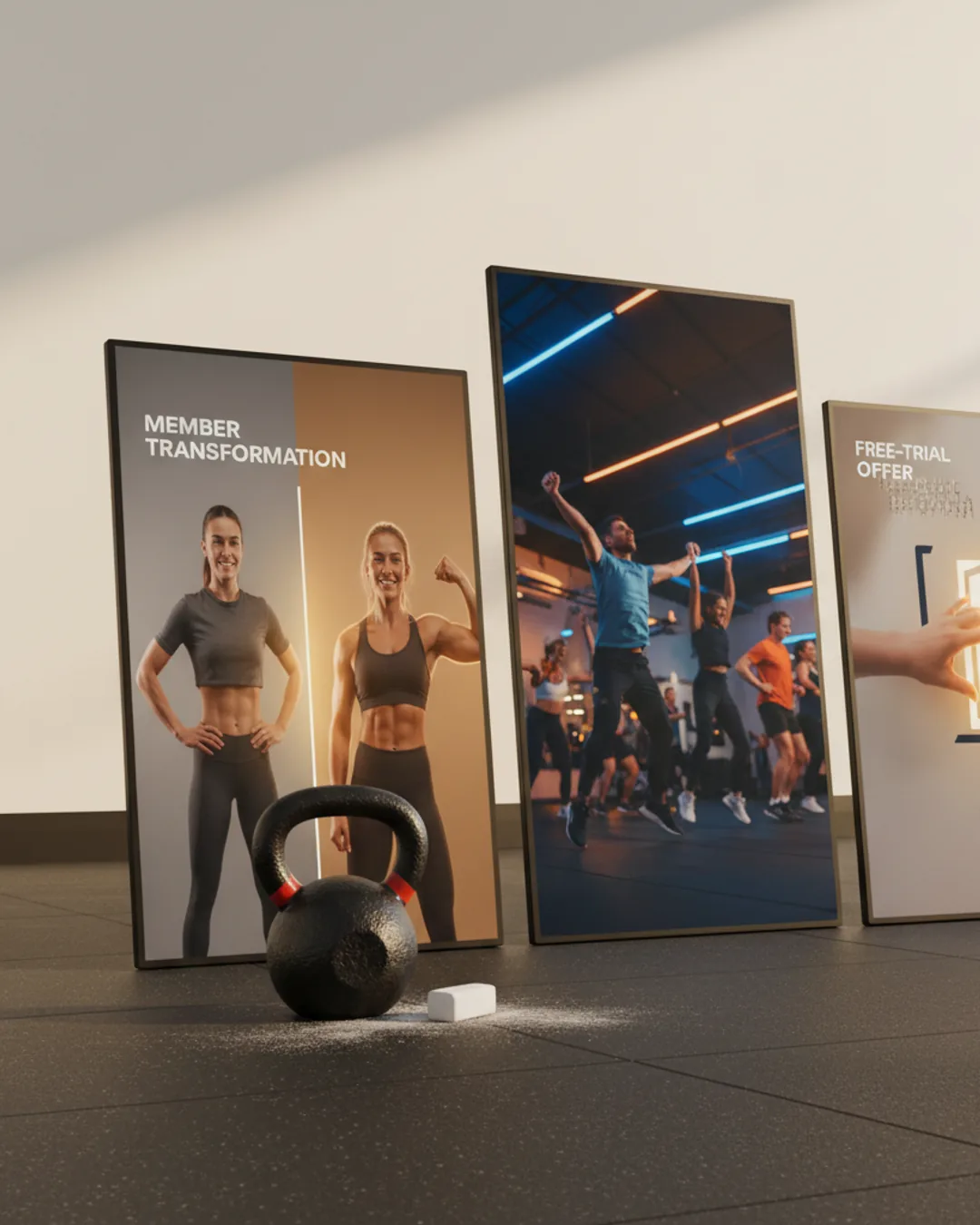 Three Coinis-generated gym membership ads on a gym floor