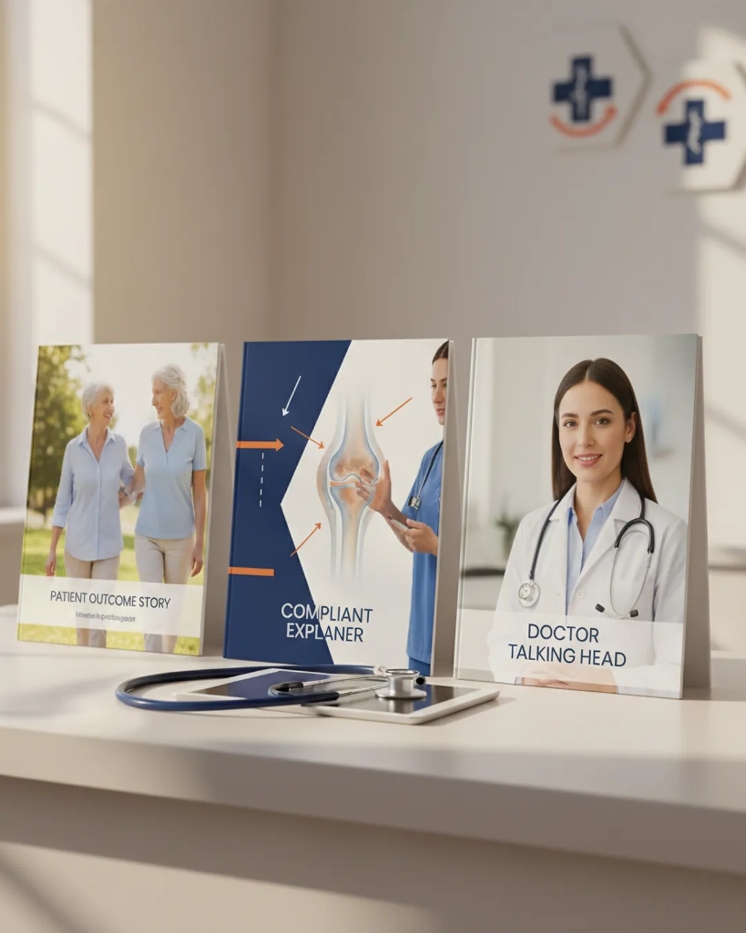 Three Coinis-generated healthcare ads on a clinic desk