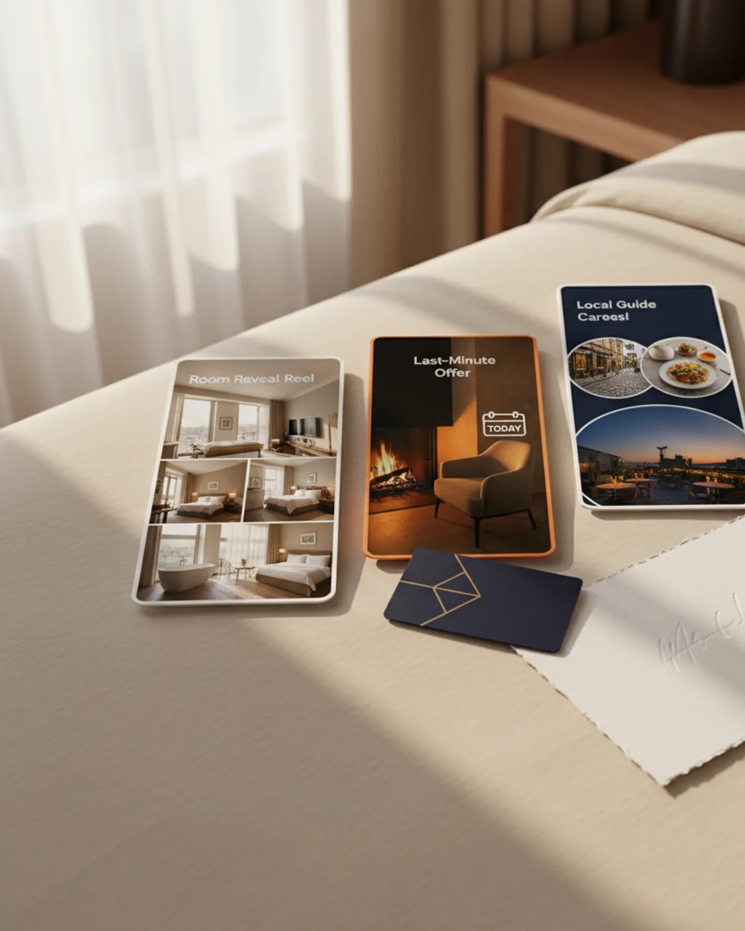 Three Coinis-generated hotel ads on a luxury duvet