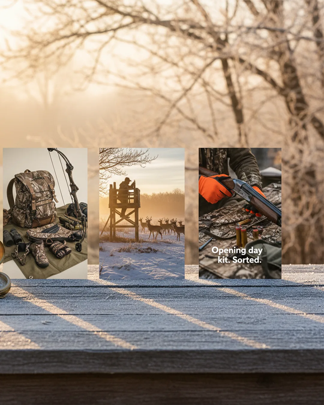 Three Coinis-generated hunting gear ads on weathered wood