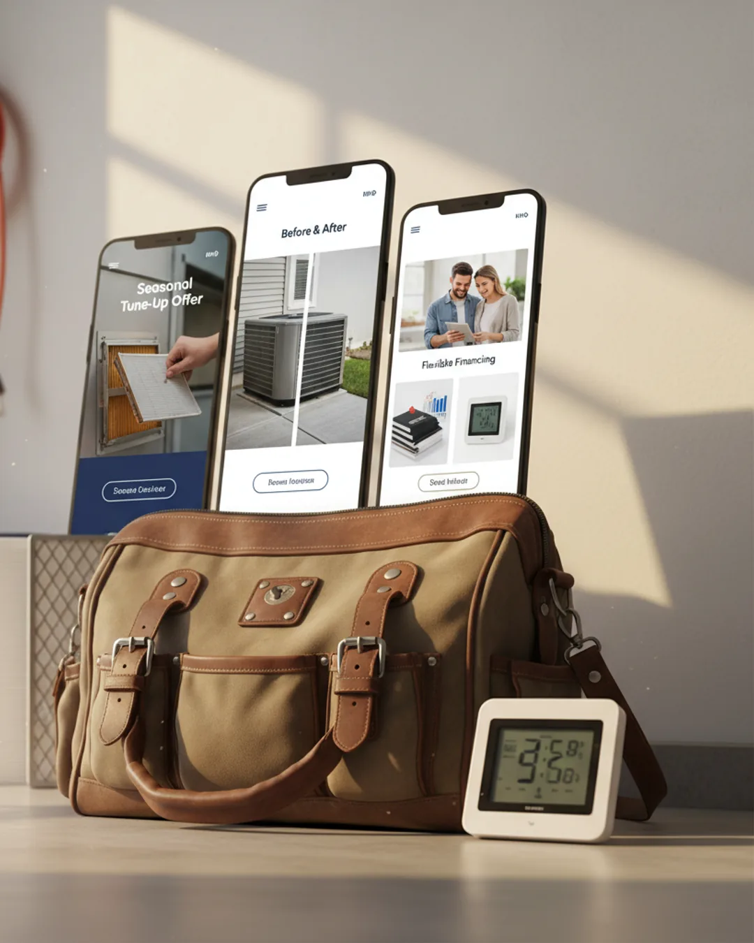 Three Coinis-generated HVAC ads on a tool bag with a thermostat