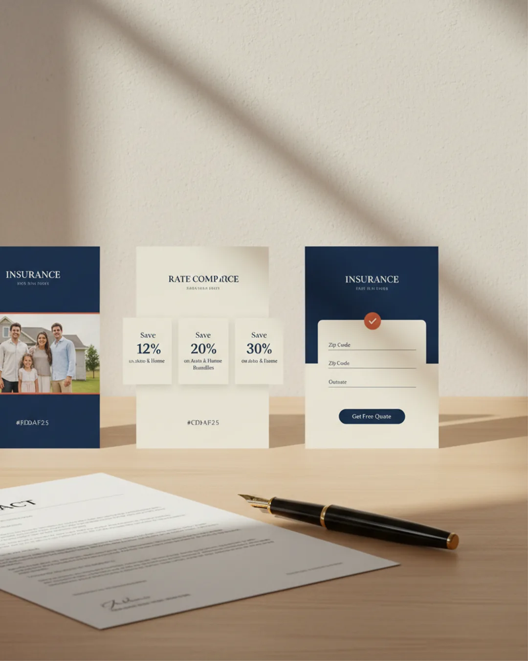 Three Coinis-generated insurance quote ads on an agent's desk