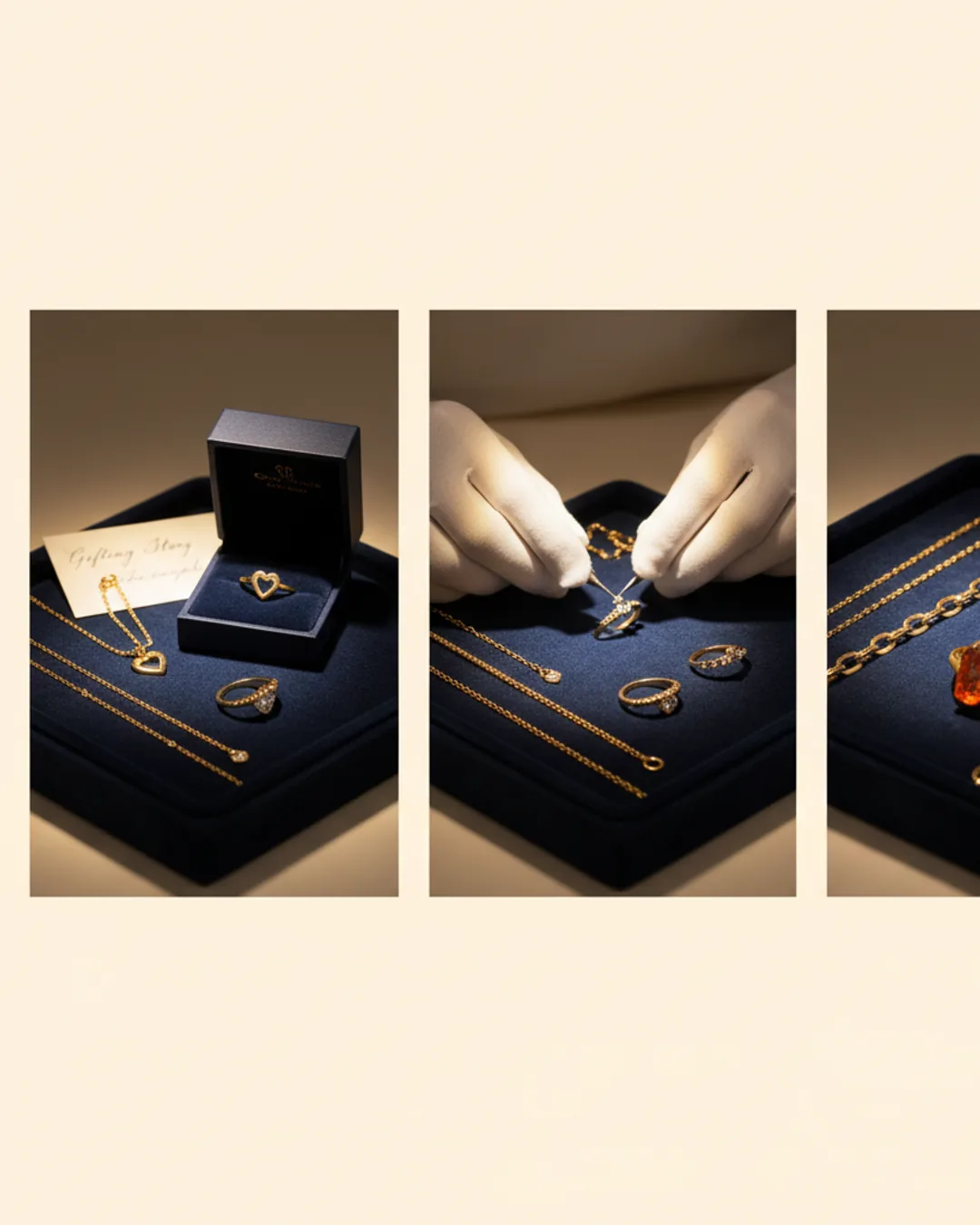 Three Coinis-generated jewelry ads on a velvet tray
