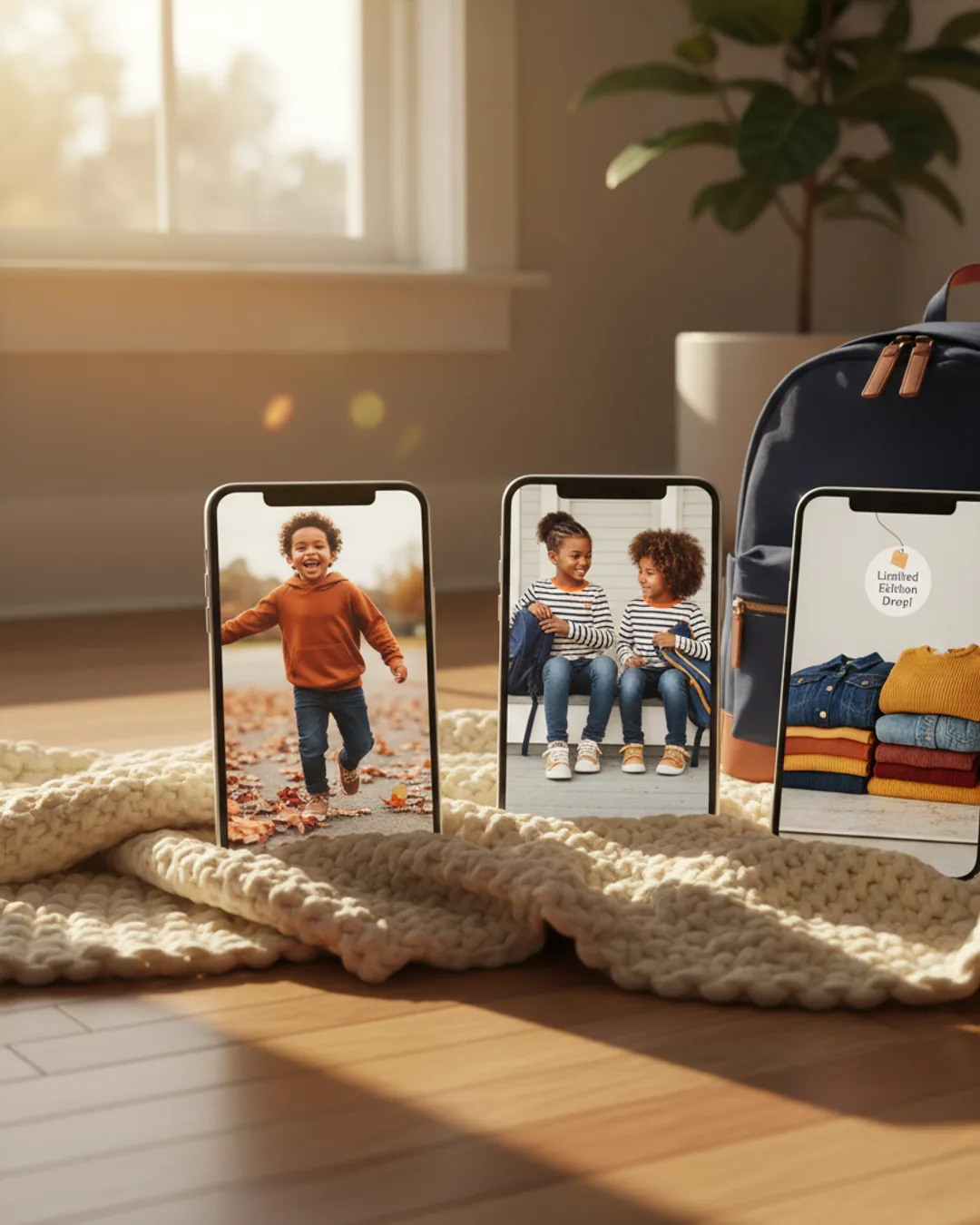 Three Coinis-generated kids clothing ads on a knit blanket