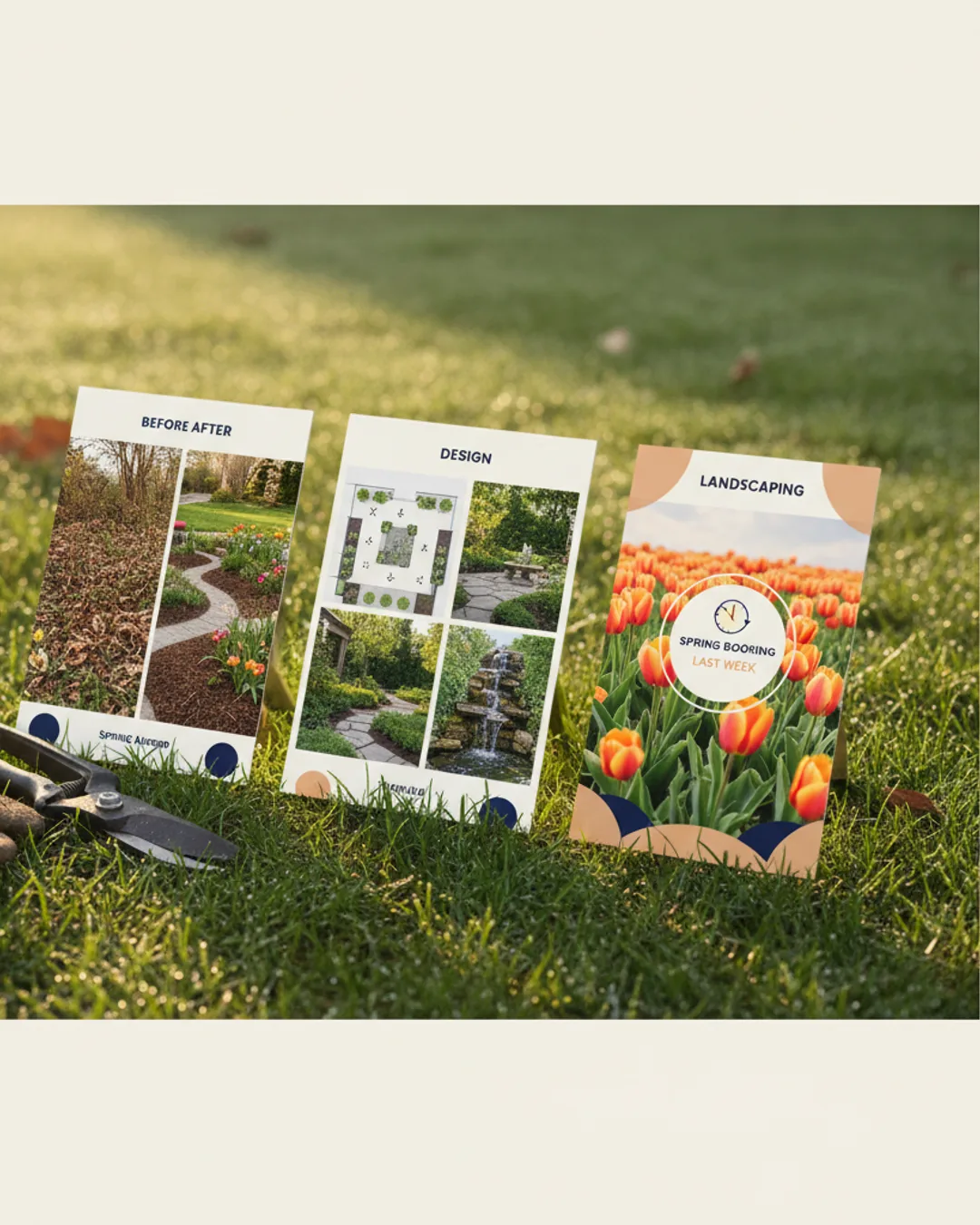 Three Coinis-generated landscaping ads on a lawn with shears