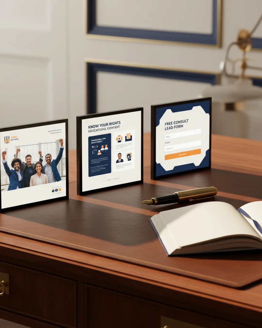 Three Coinis-generated law firm ads on an attorney's desk