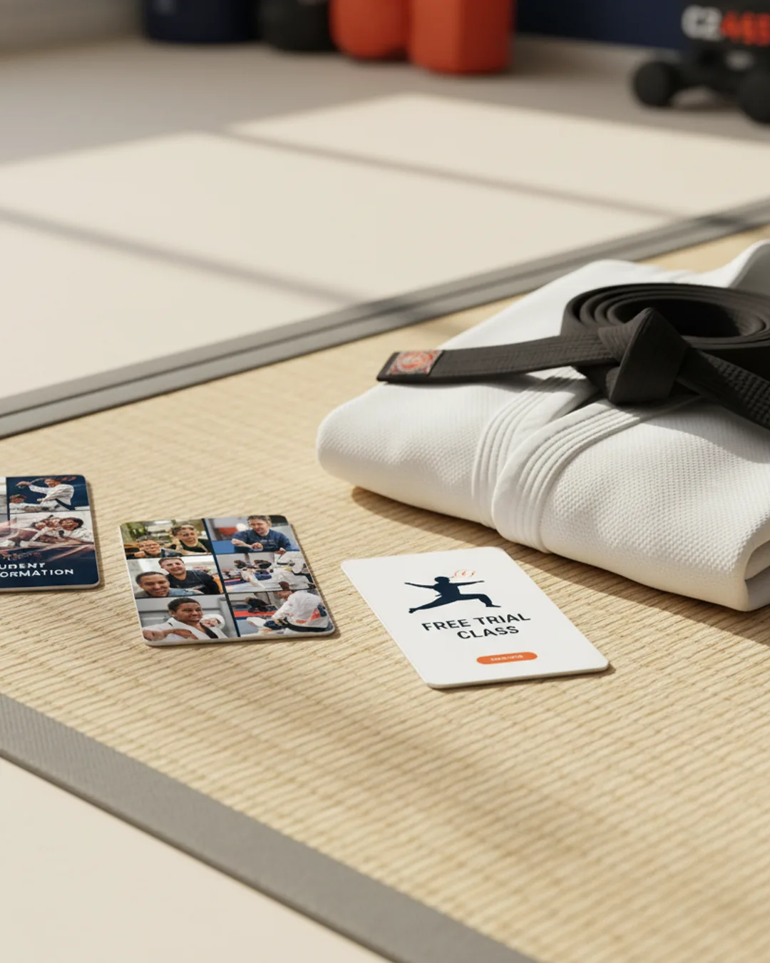 Three Coinis-generated martial arts ads on a tatami mat