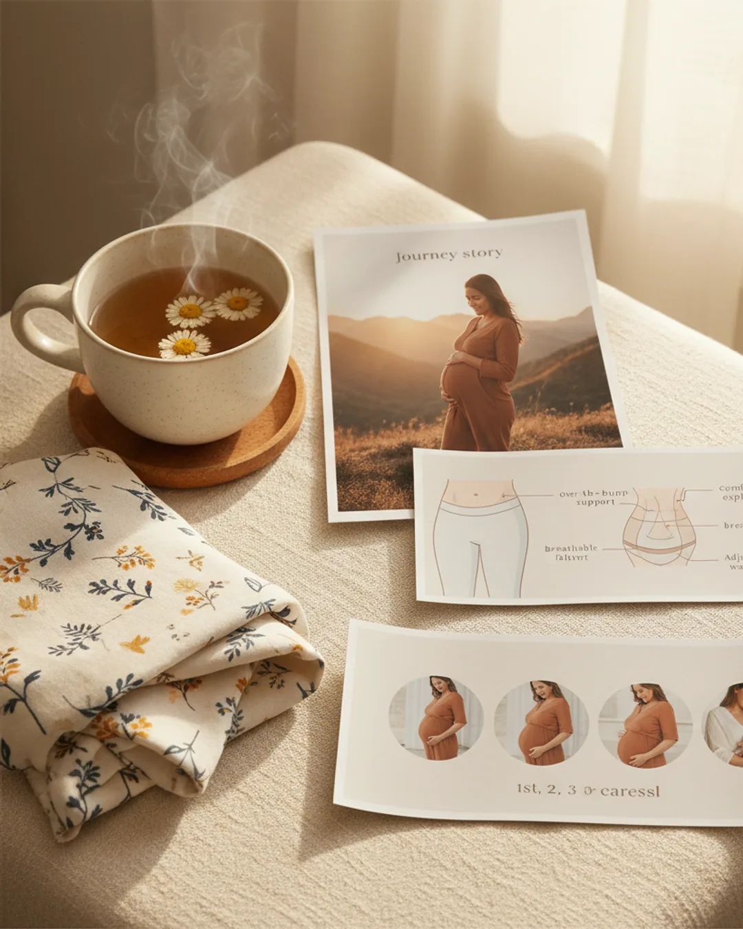 Three Coinis-generated maternity ads on linen with tea