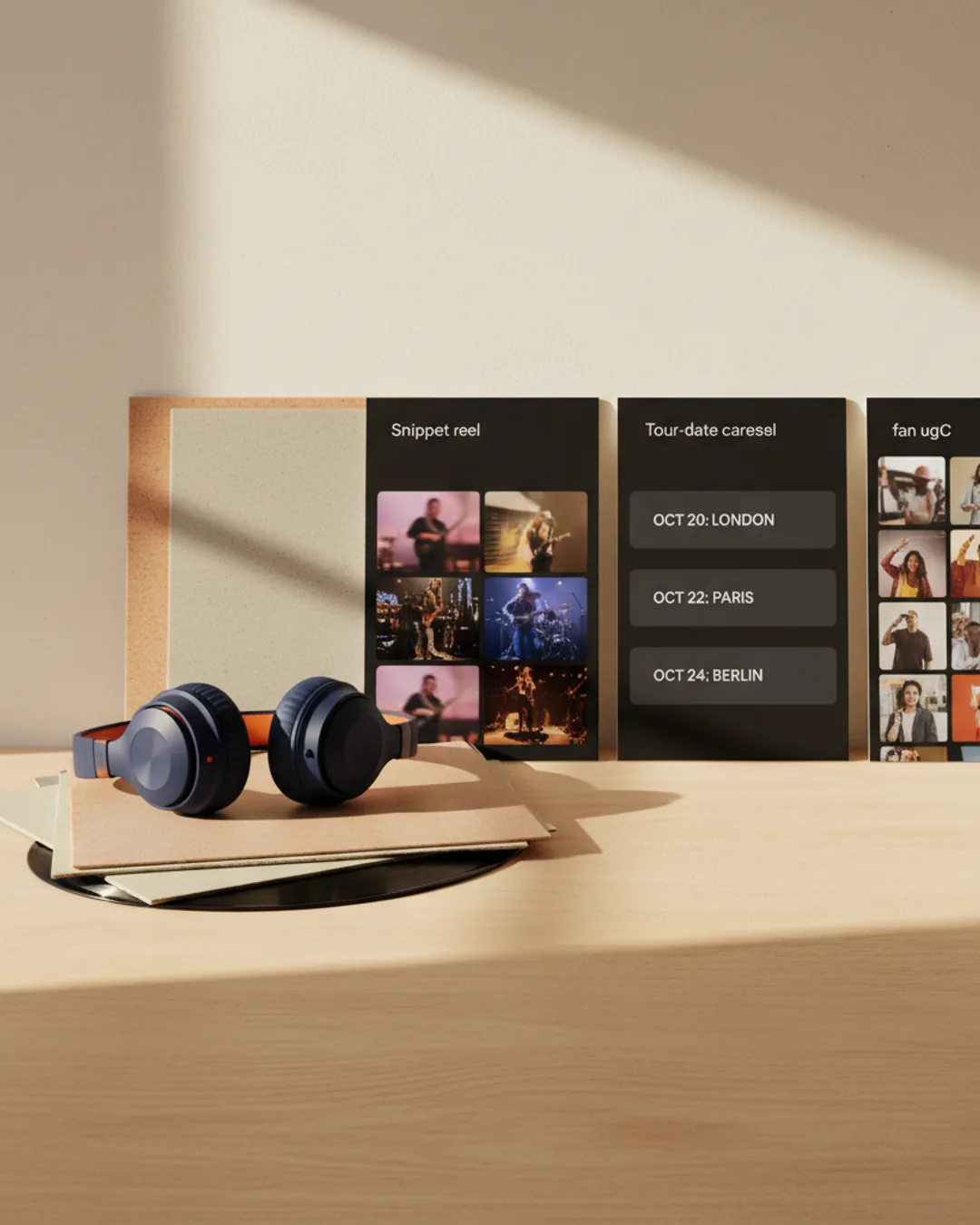 Three Coinis-generated music release ads beside vinyl