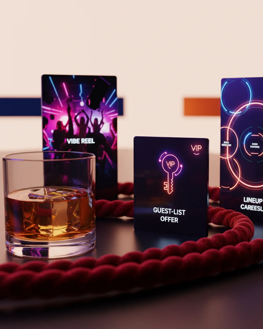 Three Coinis-generated nightlife ads beside a velvet rope