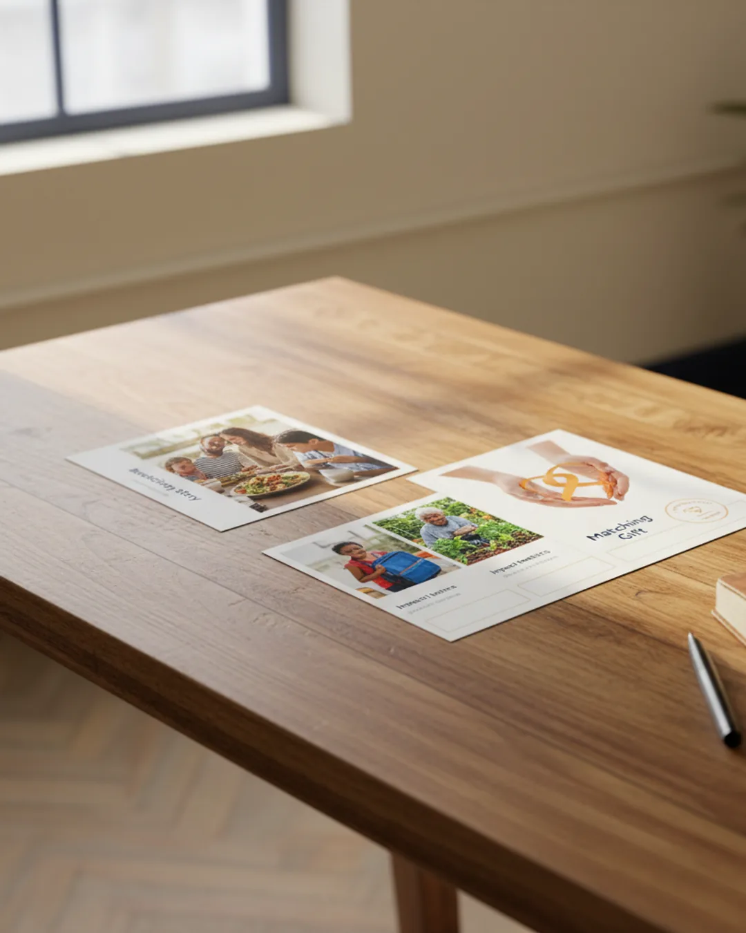 Three Coinis-generated nonprofit ads on a community table