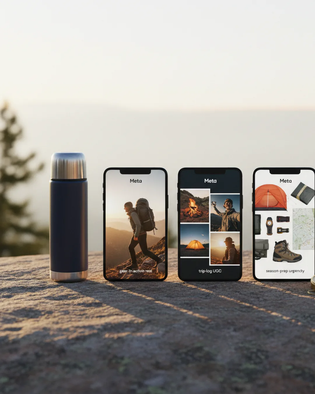 Three Coinis-generated outdoor gear ads on a rock