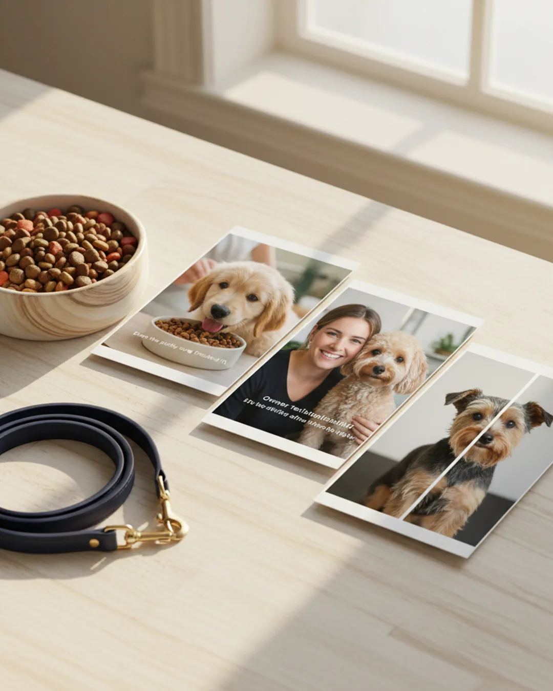 Three Coinis-generated pet product ads on a wood floor