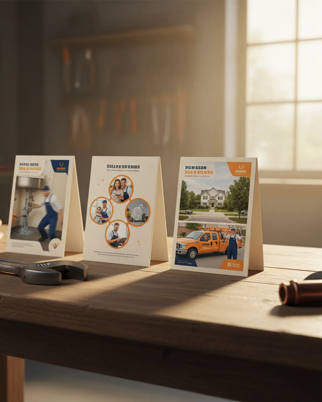 Three Coinis-generated plumbing ads on a workbench with wrench and pipe