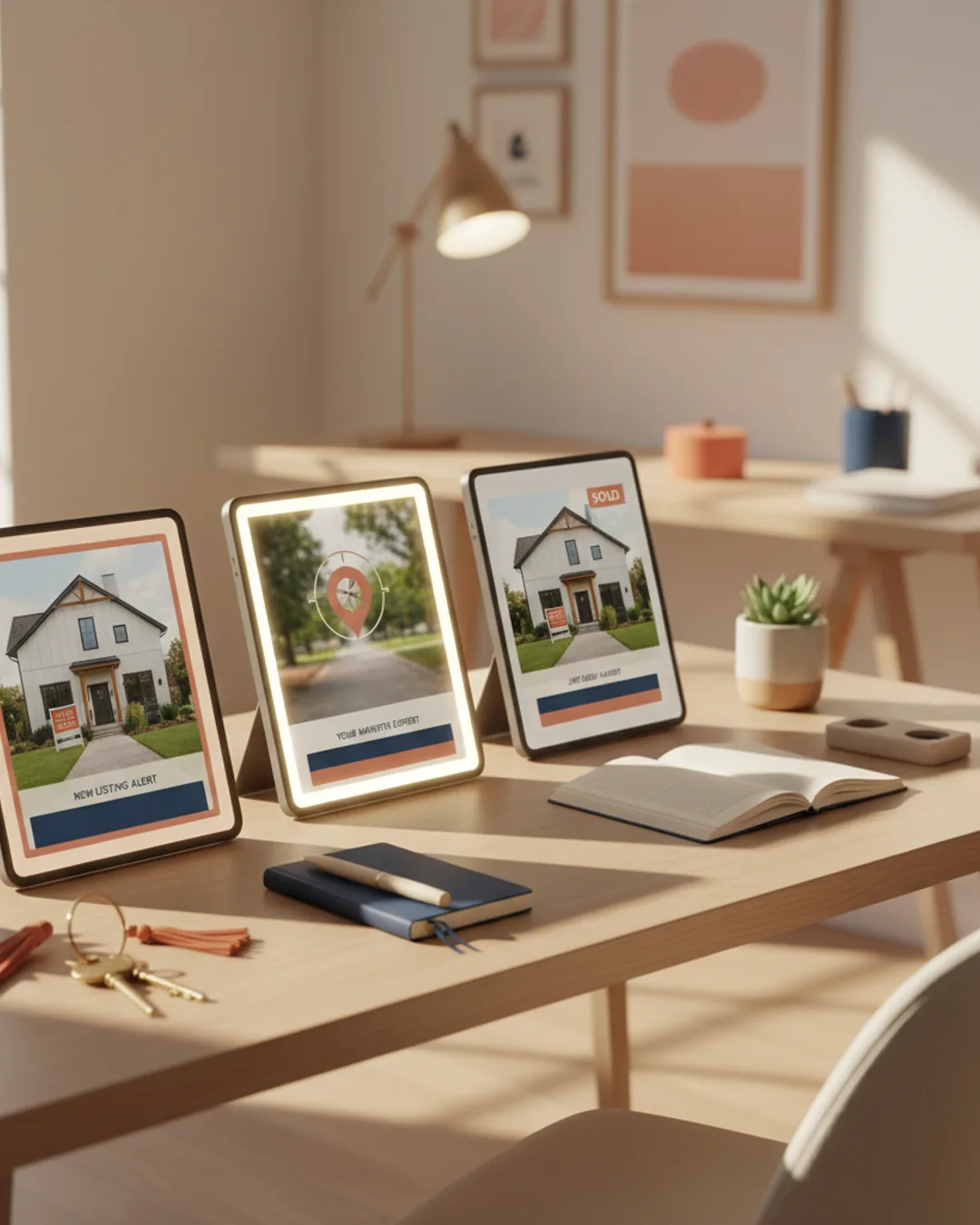 Three Coinis-generated real estate ads on an agent's desk with keys