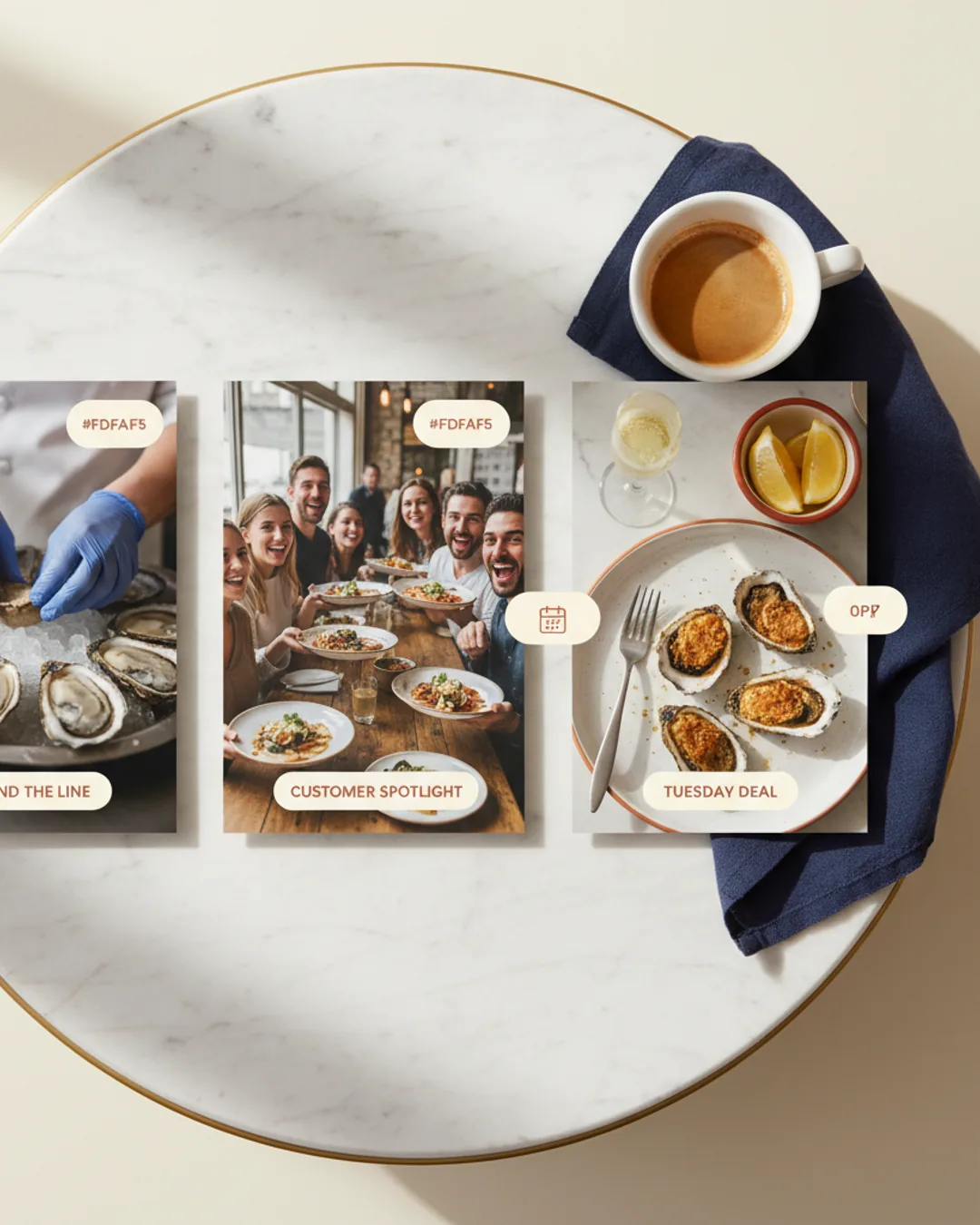 Three Coinis-generated restaurant Instagram ads on a marble bistro table