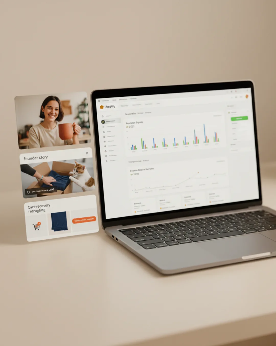 Three Coinis-generated Shopify product ads beside a Shopify admin