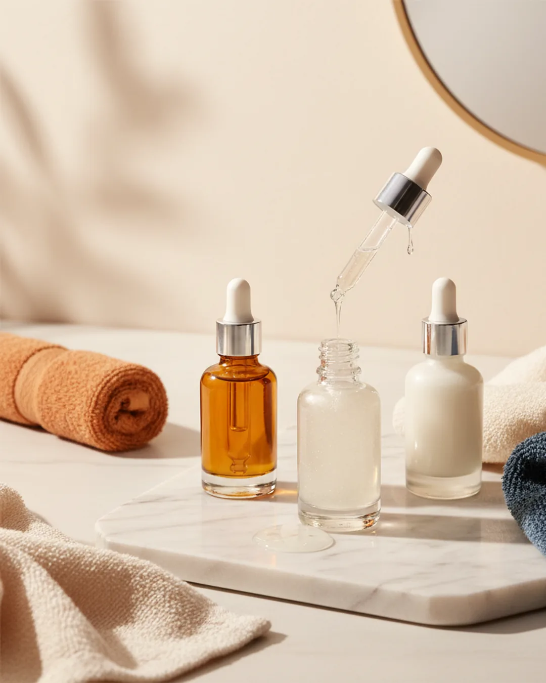 Three Coinis-generated skincare ads on a marble vanity