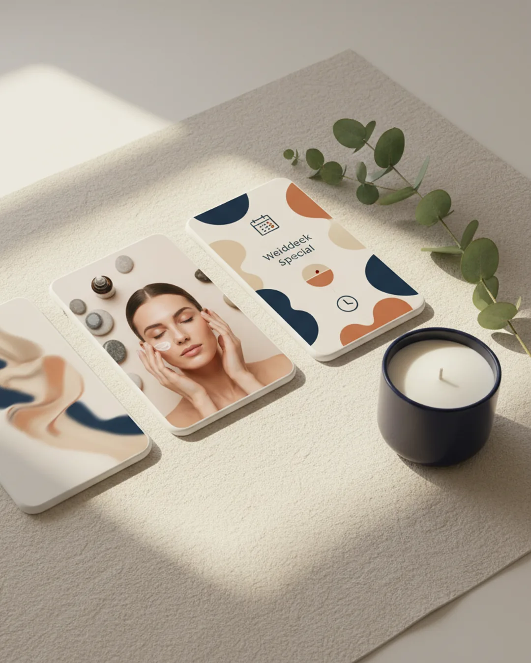 Three Coinis-generated spa treatment ads on linen with eucalyptus