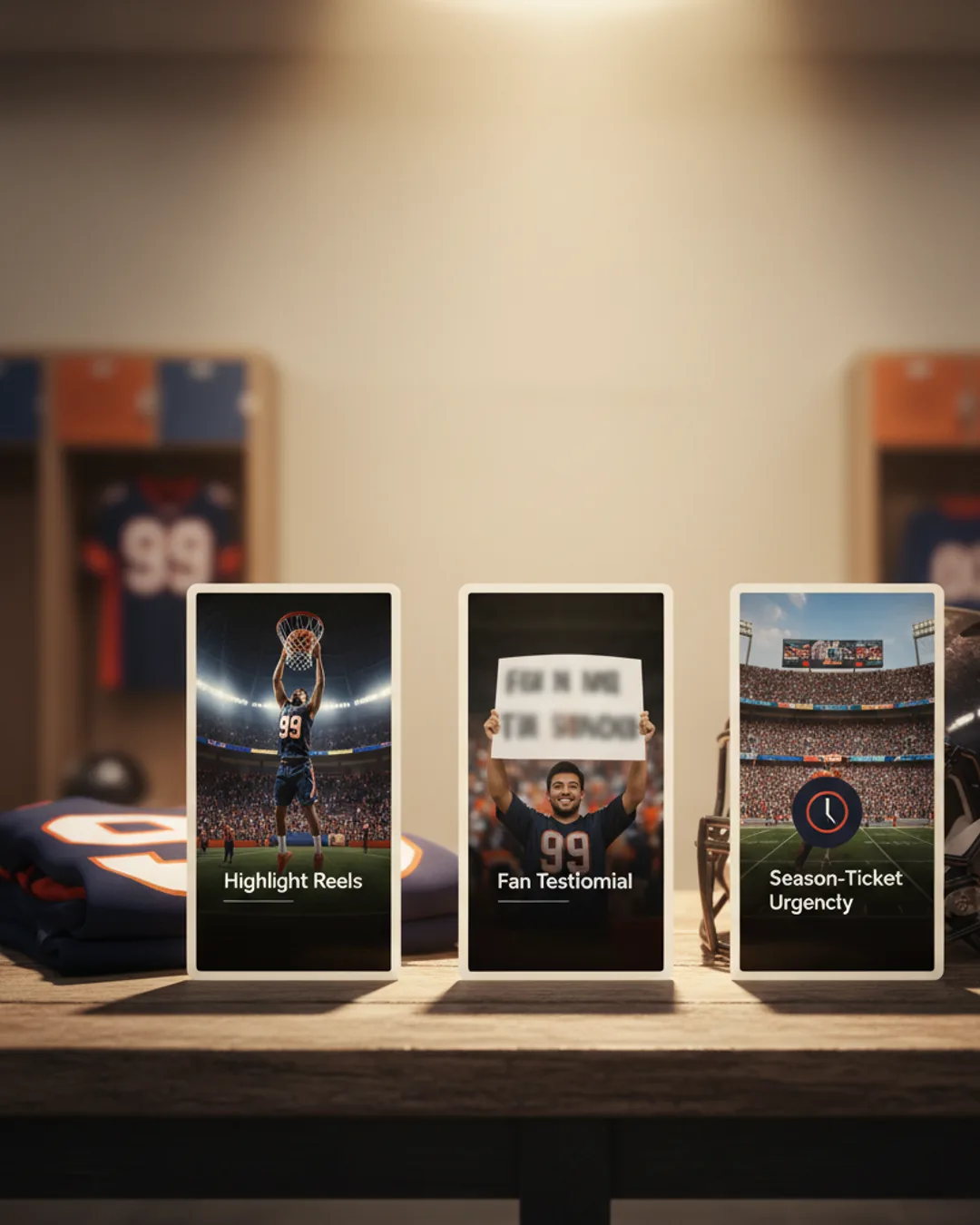 Three Coinis-generated sports ads on a locker bench
