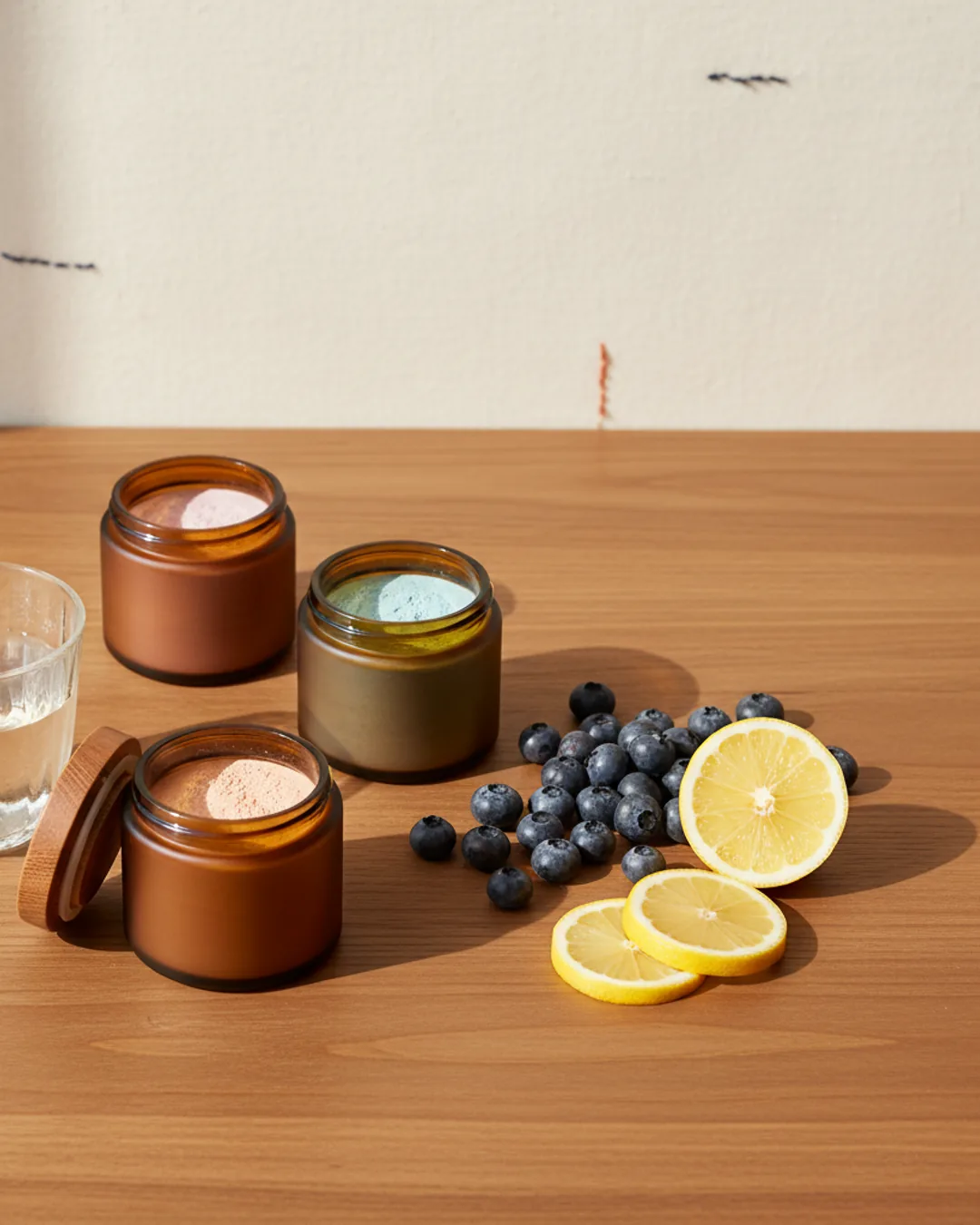 Three Coinis-generated supplement ads on a wood table