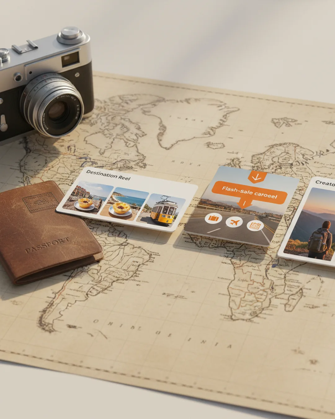 Three Coinis-generated travel destination ads on a map