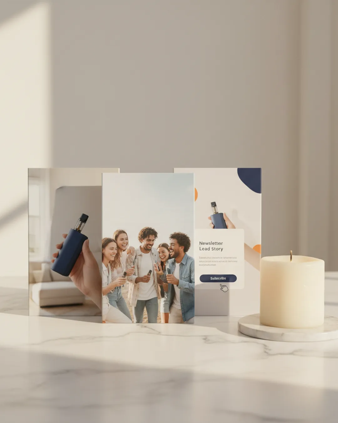 Three Coinis-generated vape lifestyle ads on a marble counter