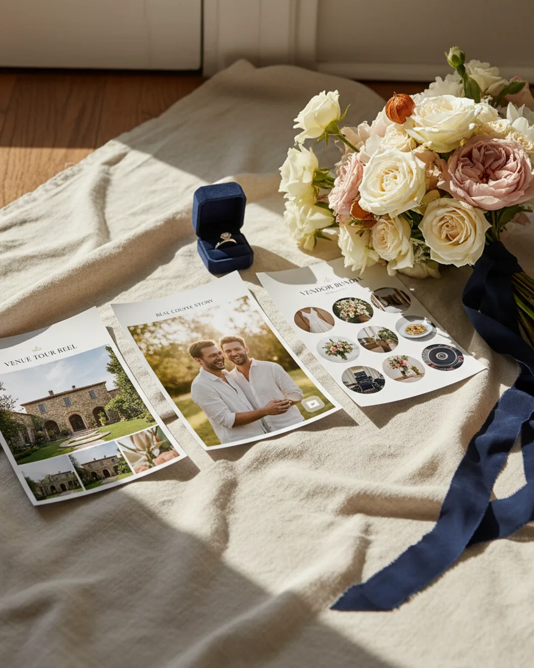 Three Coinis-generated wedding ads with a bouquet and rings