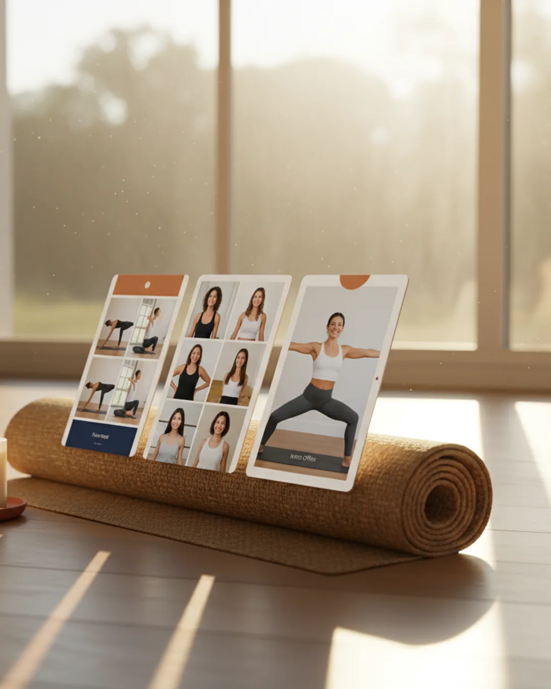 Three Coinis-generated yoga studio ads on a rolled mat