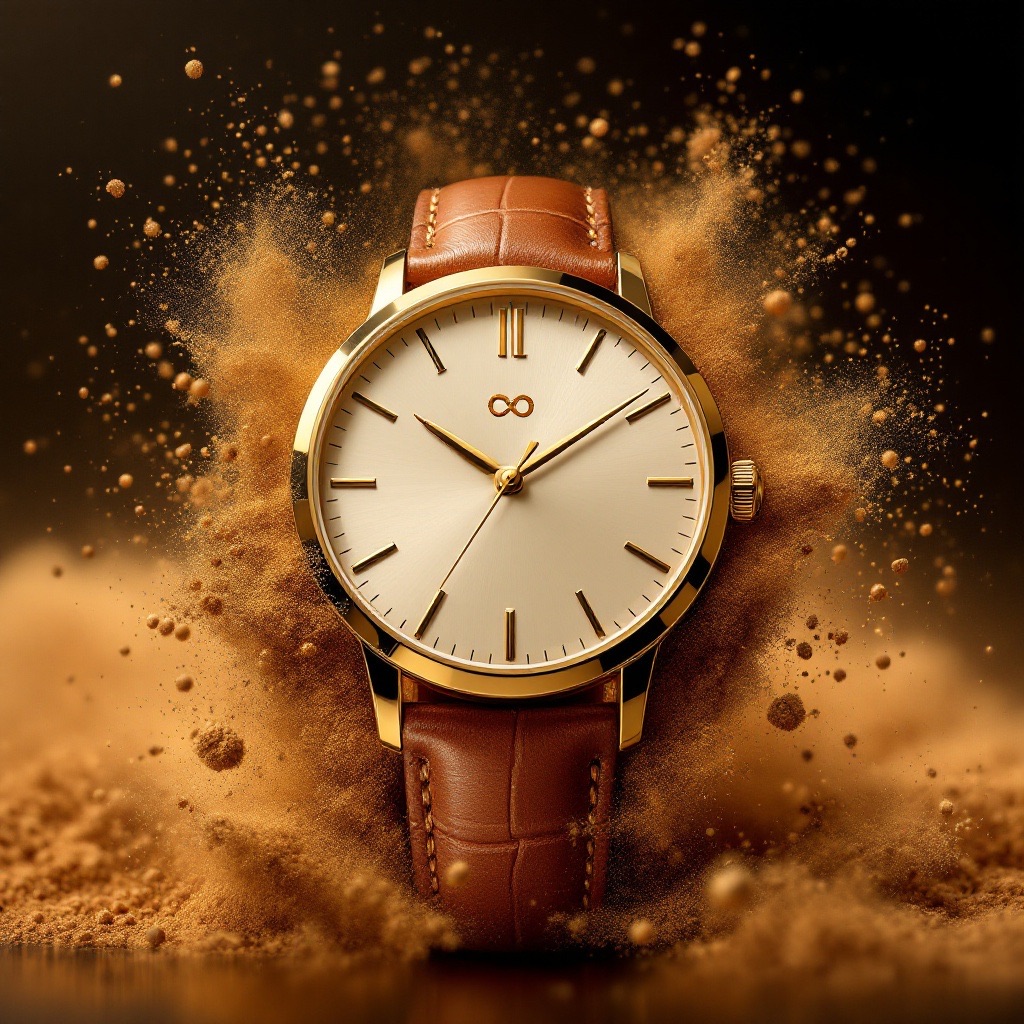 Watch. Gold-bronze powder burst. FLUX 1.1 [pro].