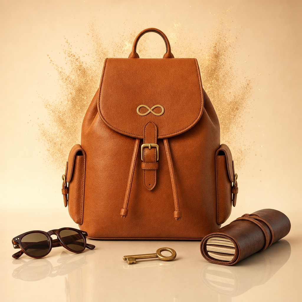 Backpack. Curated flat lay.