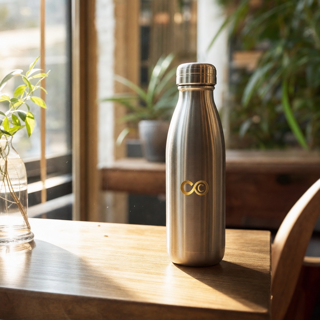 Water bottle. Morning cafe light.