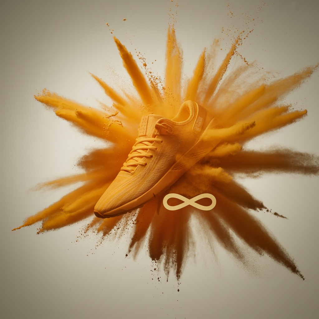 Sneaker. Orange powder burst. Made with Ideogram.