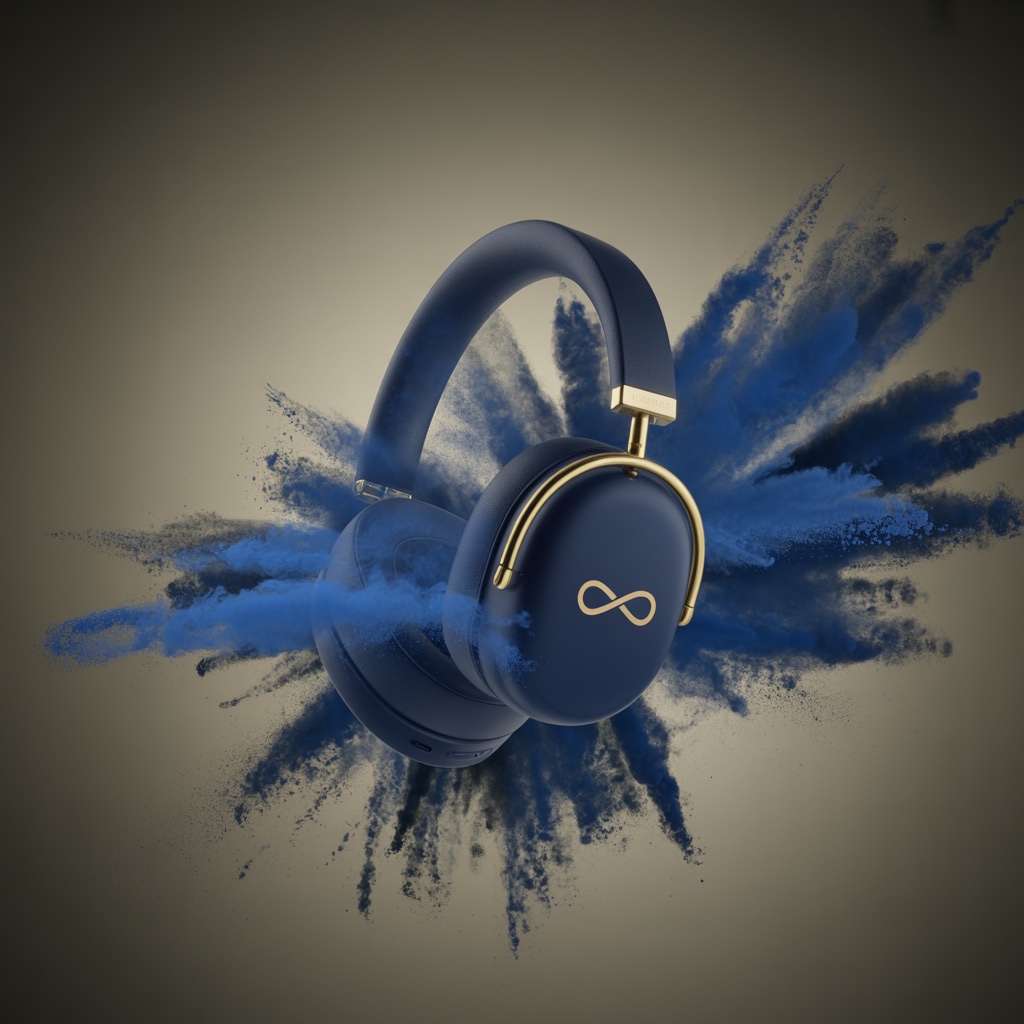 Headphones. Blue powder burst. Made with Ideogram.