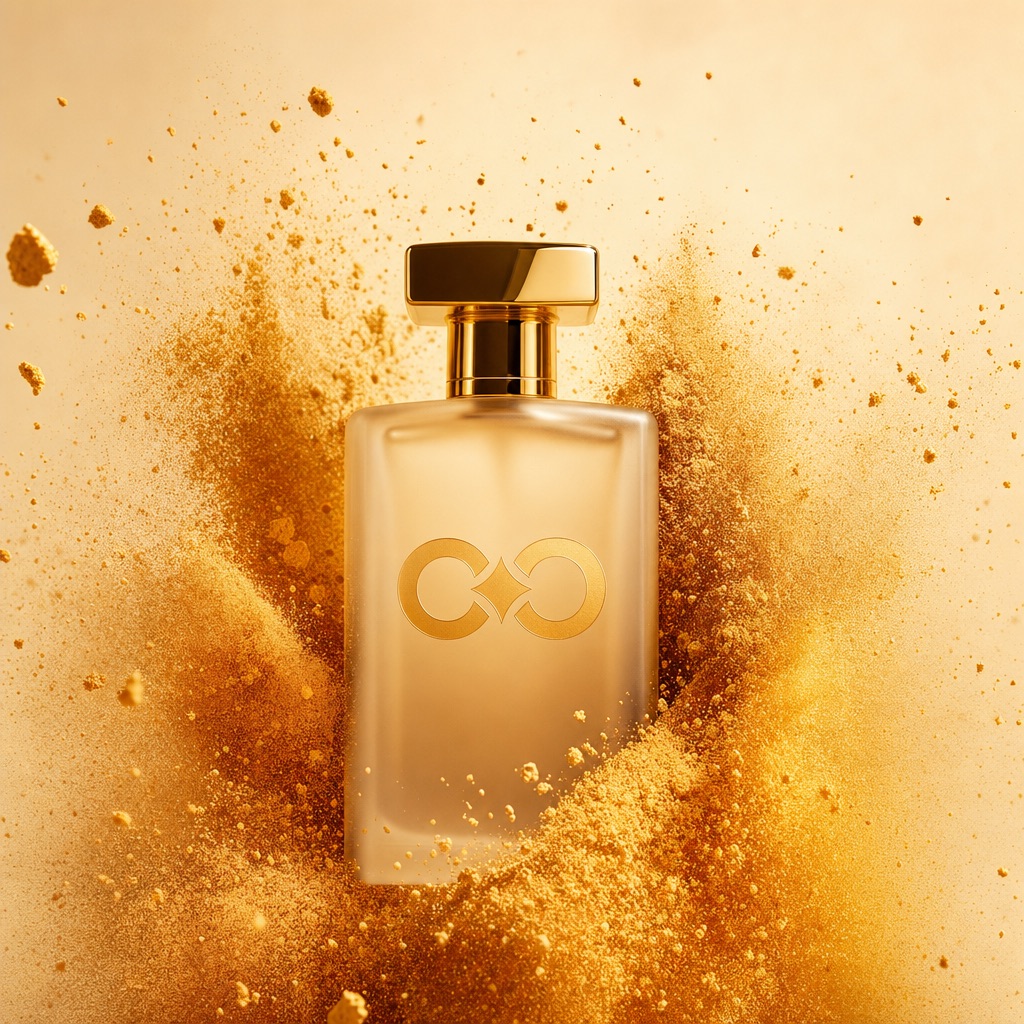 Perfume. Gold powder burst. OpenAI Image Gen 2.0.