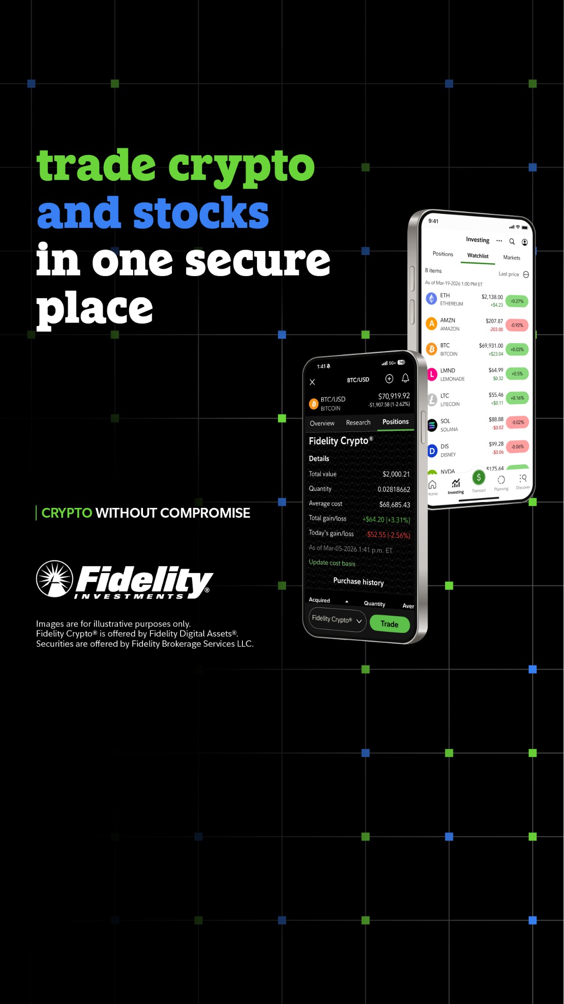Finance Facebook ad example 40: Crypto. Stocks. One app.