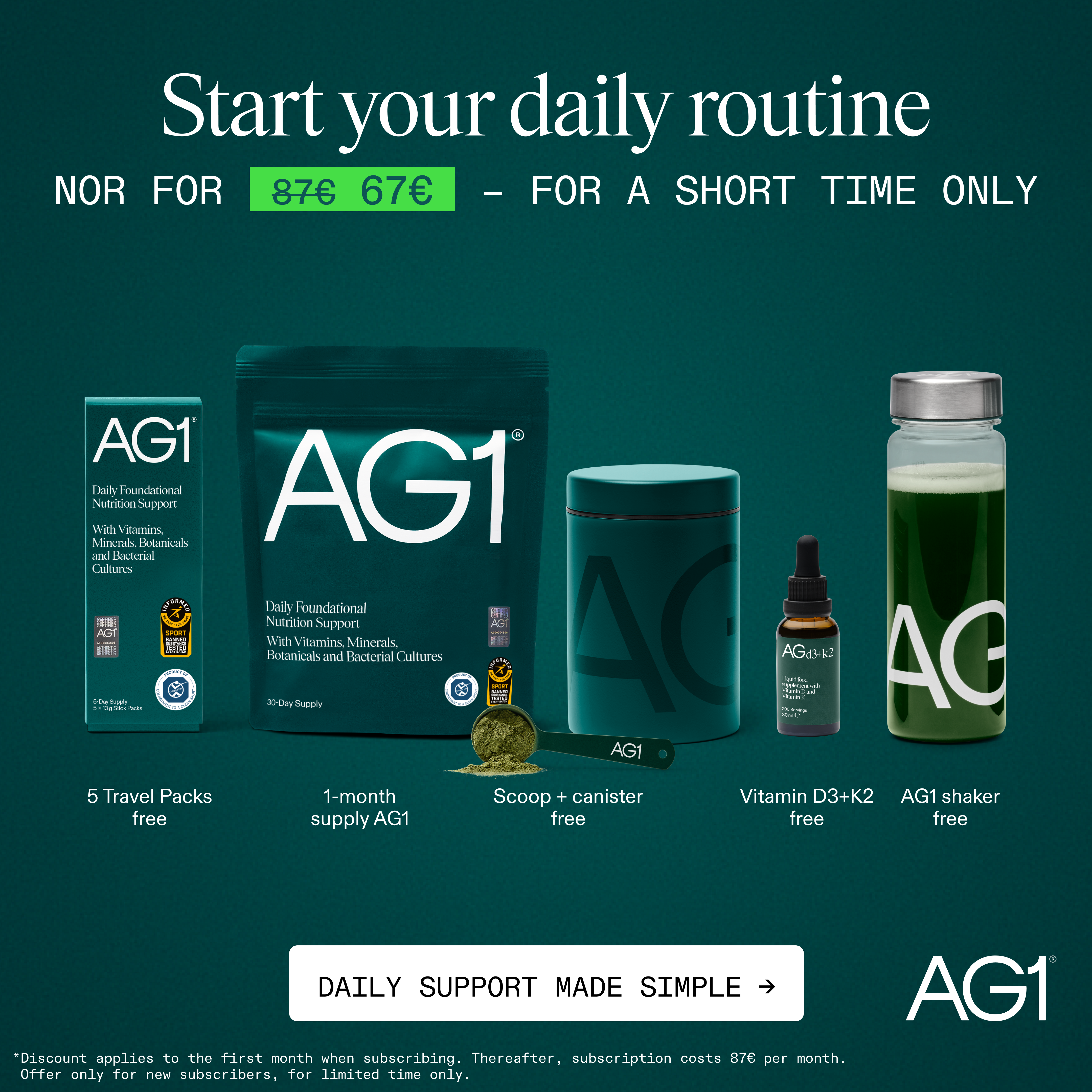 Supplements Facebook ad example 20: Upgrade Your Routine: Save €20 on your AG1 Welcome Kit