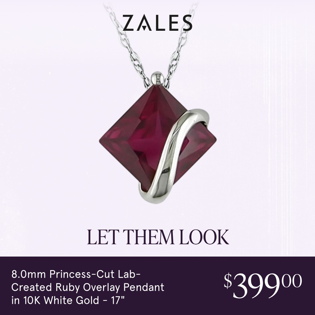 Jewelry Facebook ad example 13: 8.0mm Princess-Cut Lab-Created Ruby Overlay Pendant in 10K White Gold - 17"