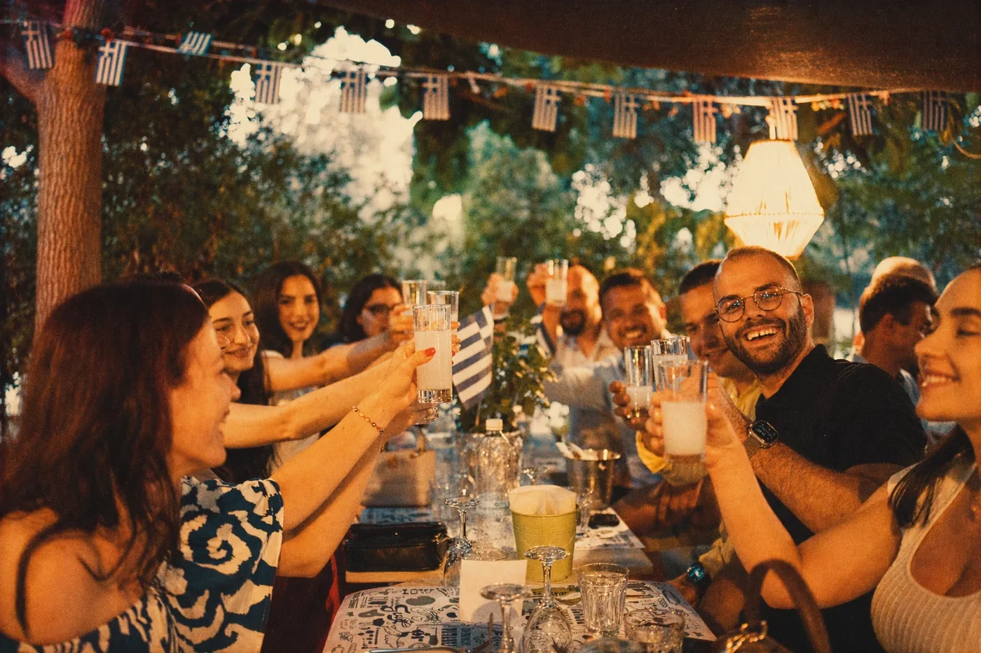 Coinis teammates raising glasses for a toast at an outdoor dinner