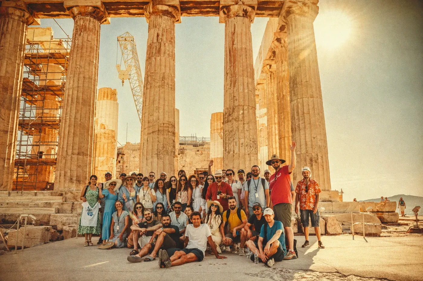 Coinis team group photo in front of ancient columns on a sunny day